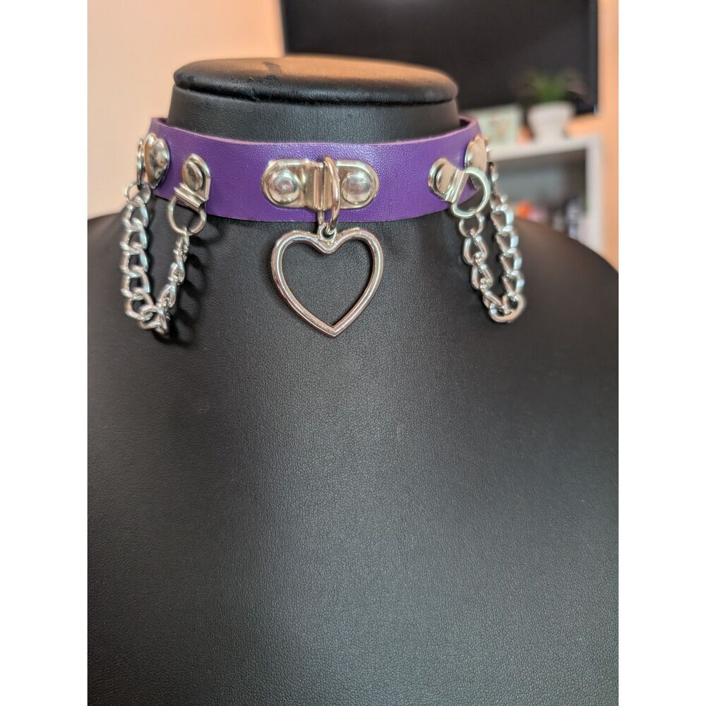 Purple Faux Leather Heart Choker Necklace with Silver Chains
